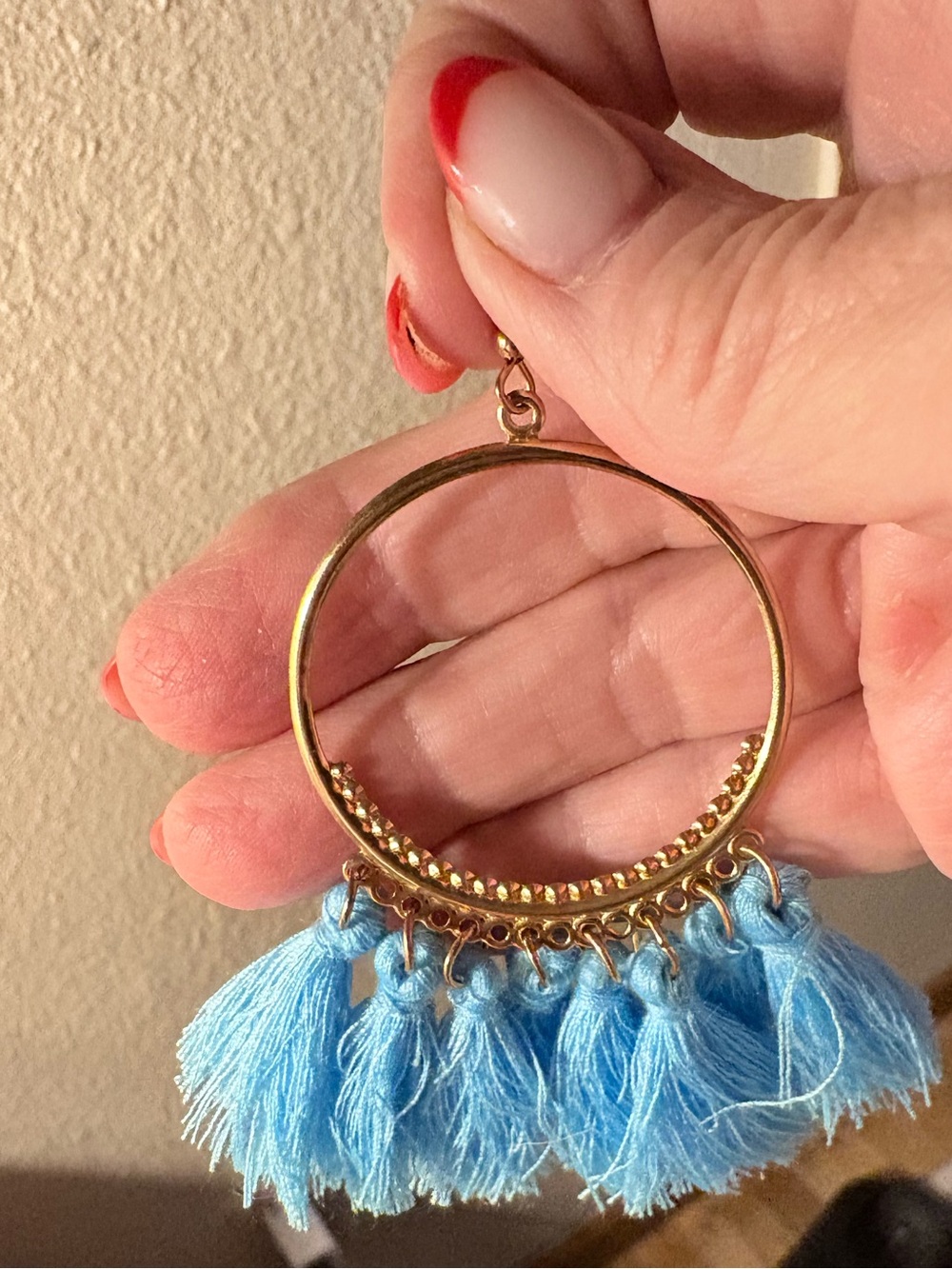 Gold Hoop Earrings with Light Blue Tassels - Women Jewelry